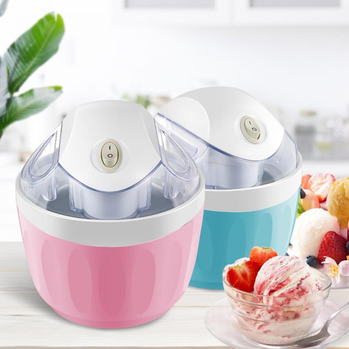 Zwei Eisbereiter, einer rosa, einer blau, mit Eiscreme und Früchten.