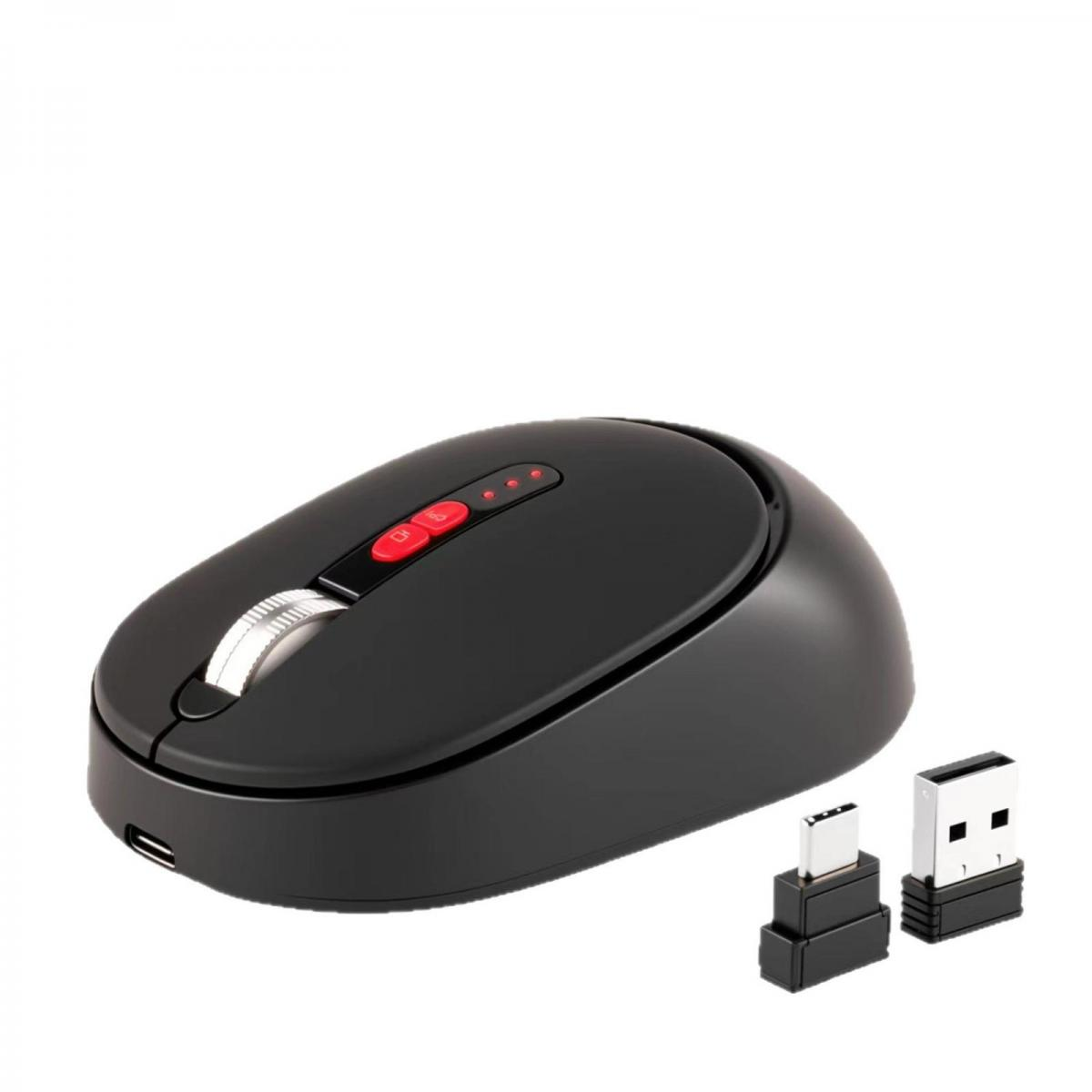Schwarze kabellose Computermaus mit roten DPI-Tasten und USB-C/USB-A-Adaptern.