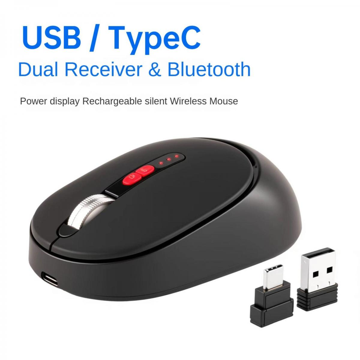 Schwarze kabellose Maus mit USB- und TypeC-Empfängern. Text: USB/TypeC Dual Receiver & Bluetooth.
