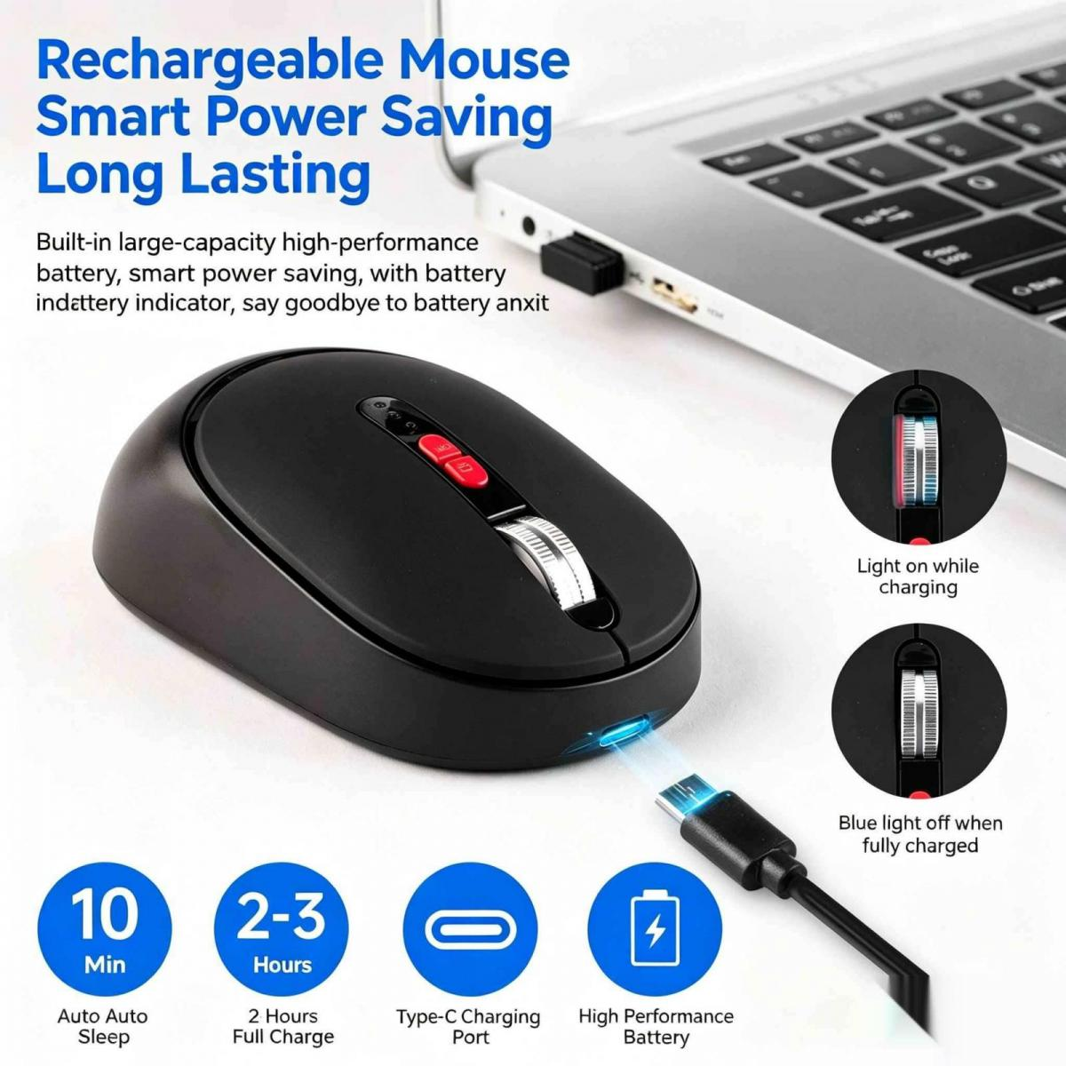 Schwarze wiederaufladbare Maus neben Laptop, mit Ladeanzeigen.