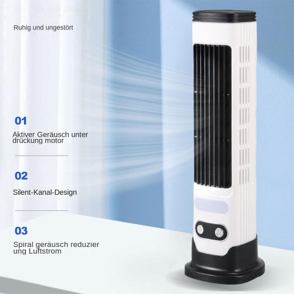 Ein weißer Turmventilator mit schwarzem Gitter und Sockel auf einem Tisch.