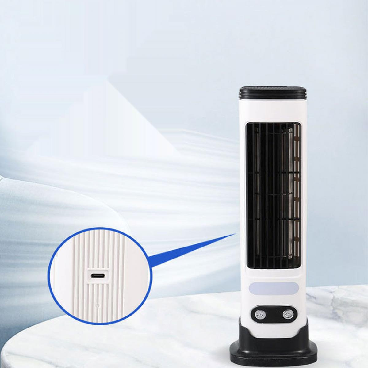 Ein weißer Turmventilator mit schwarzen Lüftungsschlitzen und Bedienelementen.