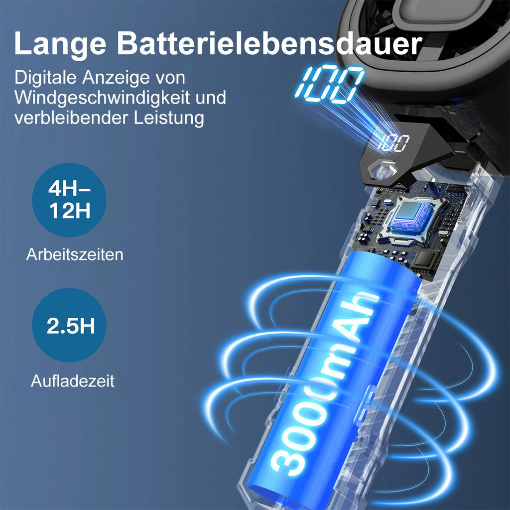 Nahaufnahme einer 3000mAh Batterie mit digitaler Anzeige von 100% Leistung.
