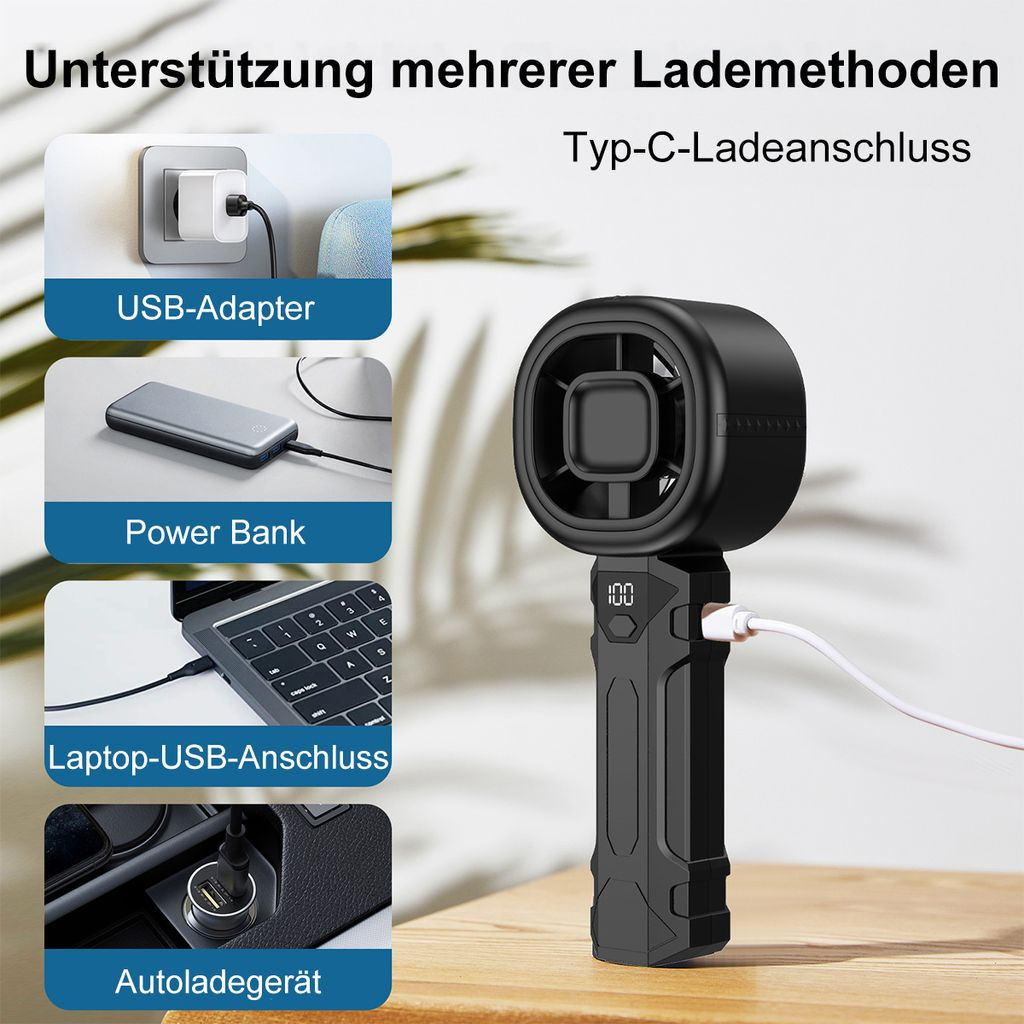 Schwarzer Lüfter mit Typ-C-Anschluss, lädt über Adapter, Powerbank, Laptop oder Auto.