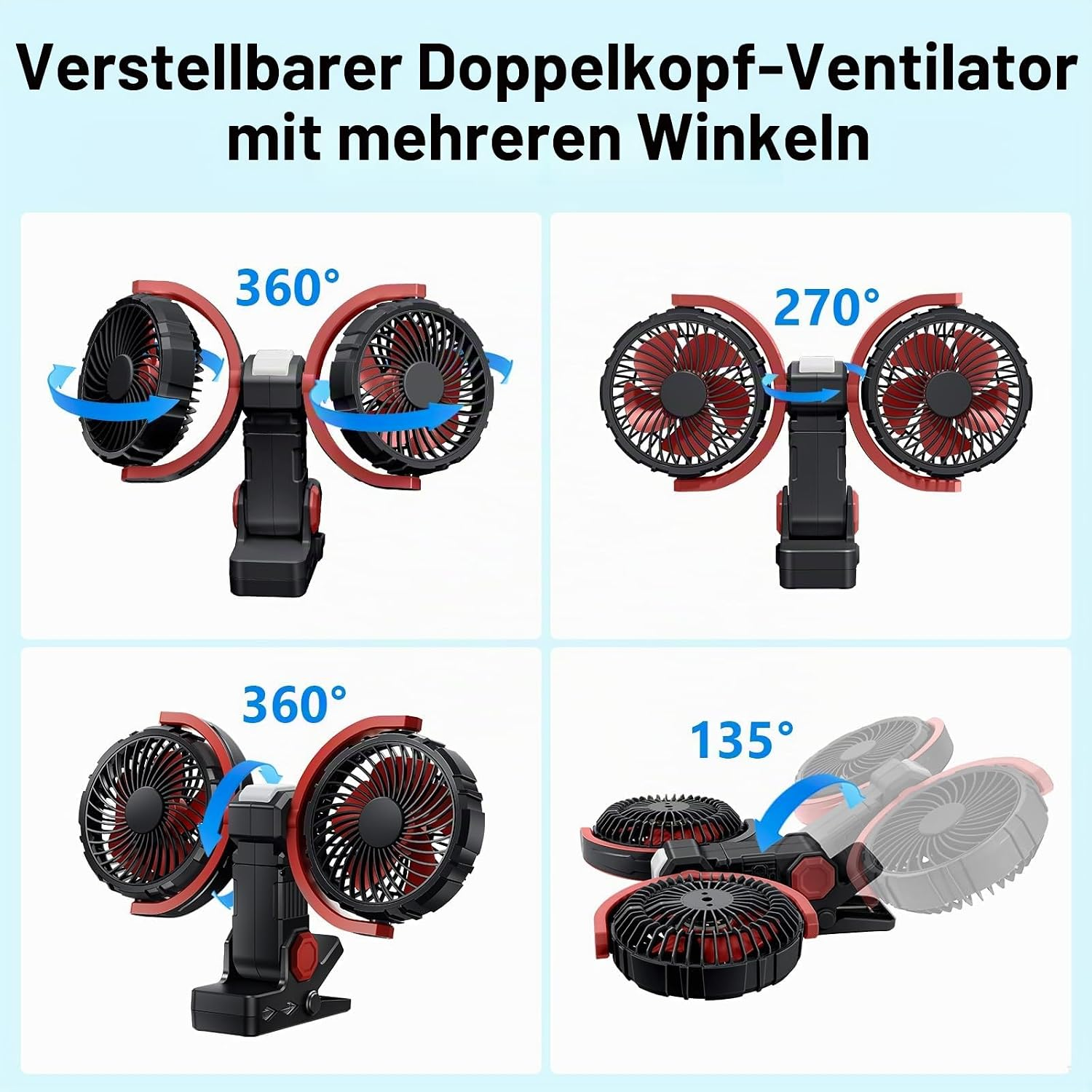 Doppelventilator in verschiedenen Winkeln, 360°, 270°, 135° verstellbar.