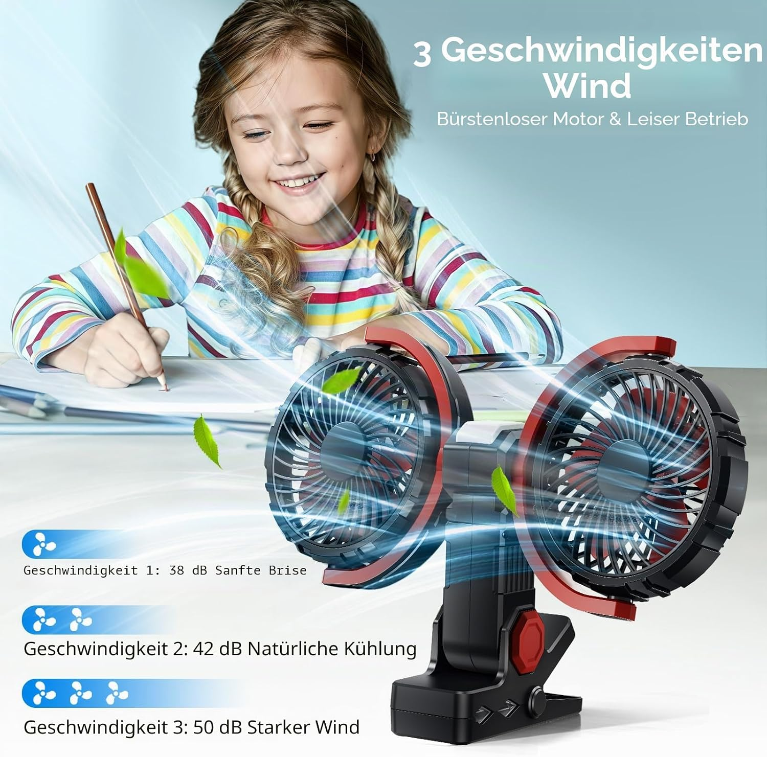 Ein Mädchen schreibt, während ein Ventilator mit 3 Geschwindigkeiten läuft.