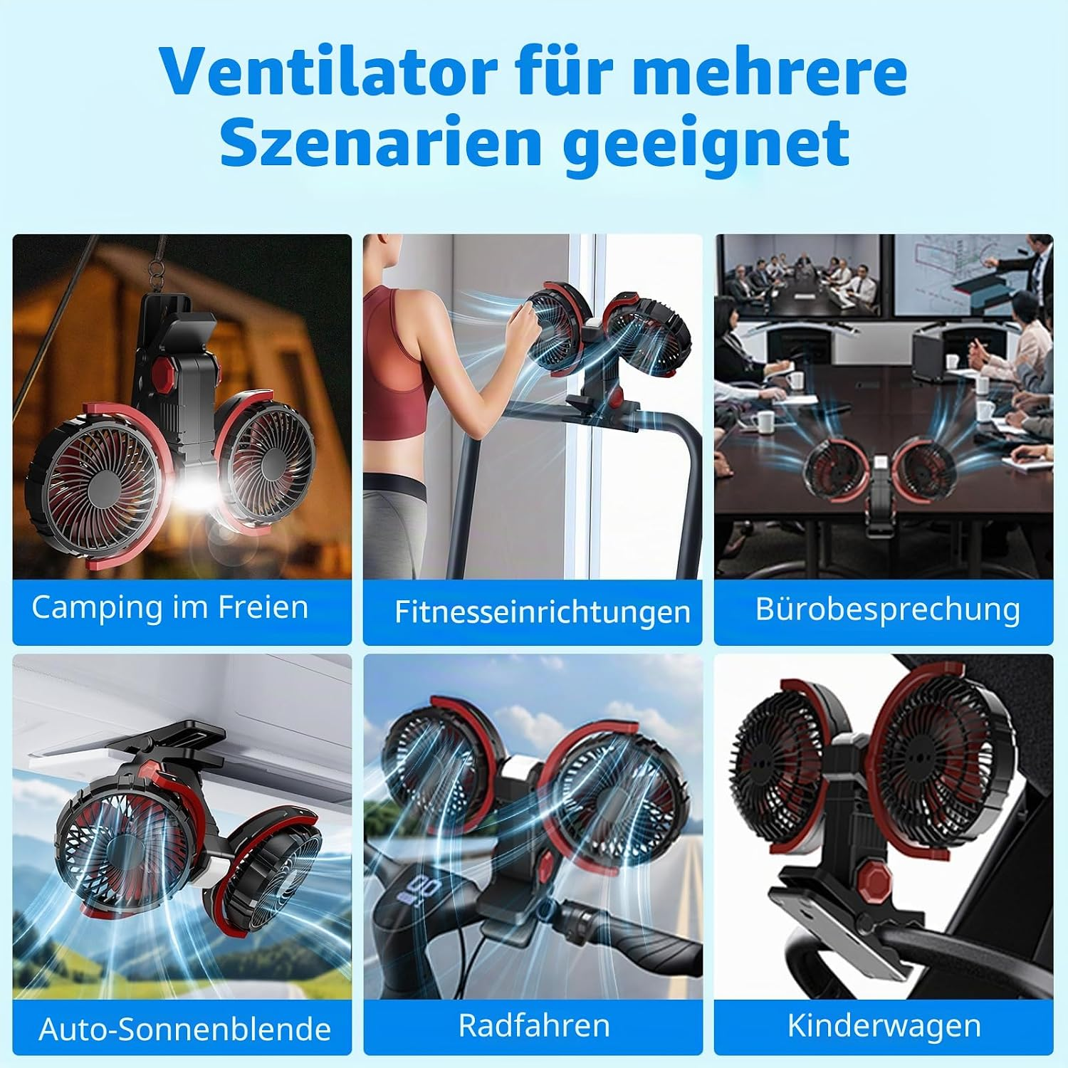 Ein Ventilator wird in sechs Szenarien gezeigt: Camping, Fitness, Büro, Auto, Radfahren und Kinderwagen.