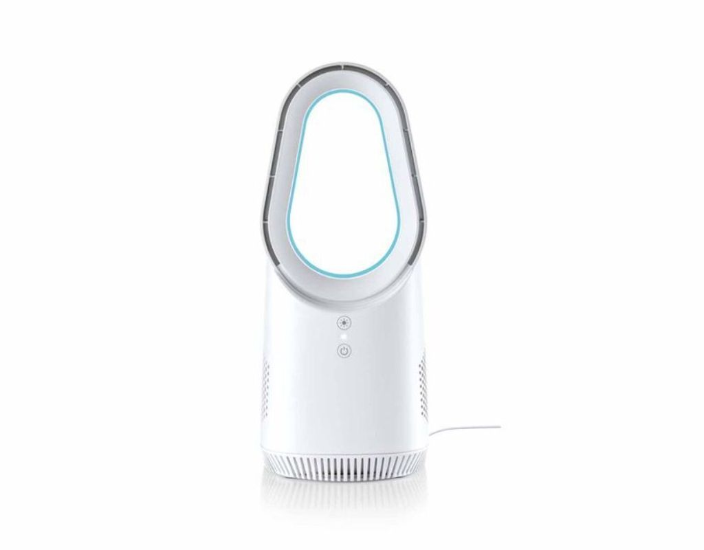 Ein weißer, blattloser Ventilator mit einem ovalen oberen Teil und blauen Akzenten.