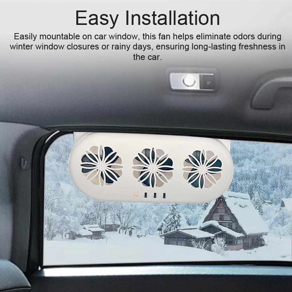 Ein weißer Lüfter mit drei Lüftern, montiert an einem Autofenster mit verschneiter Landschaft.