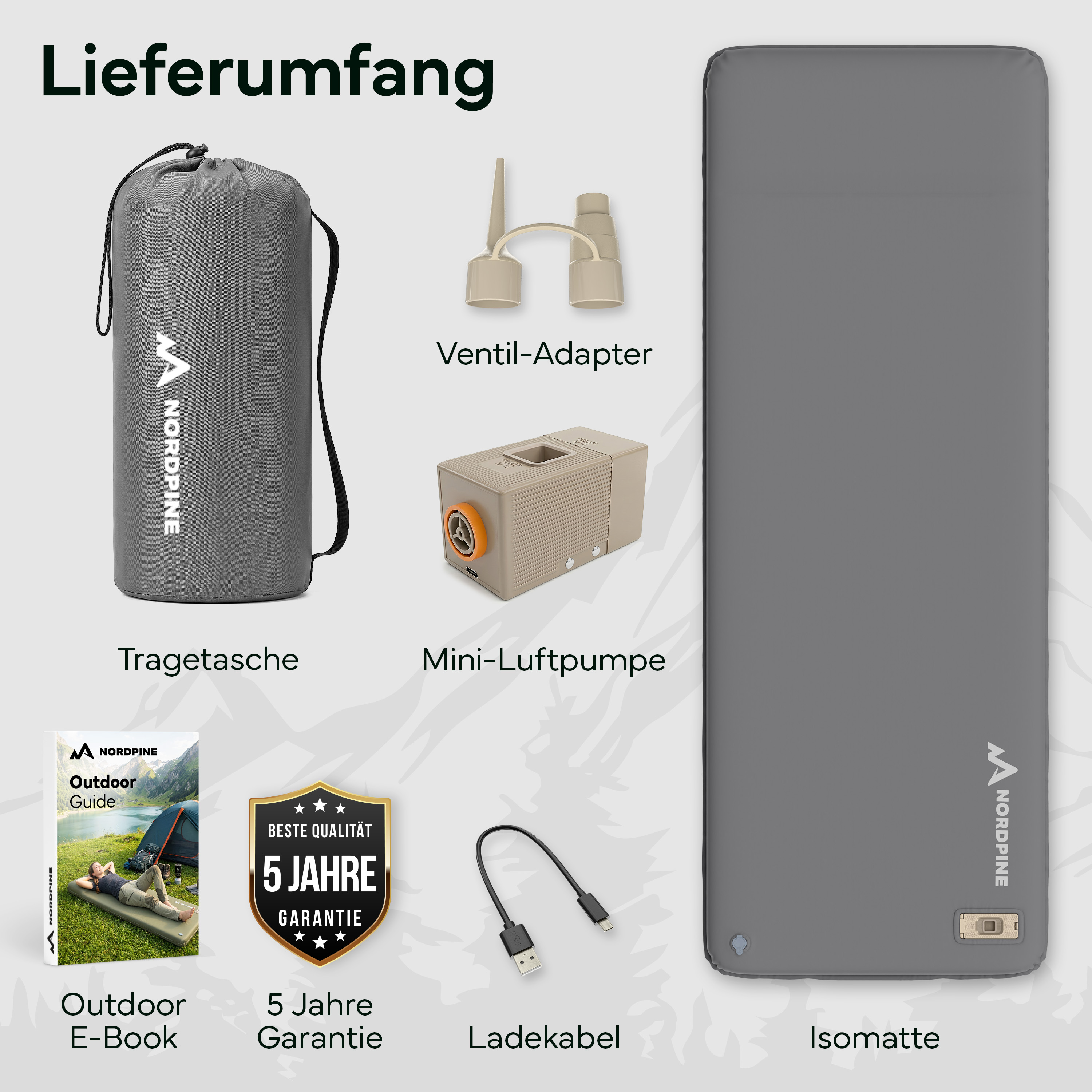 Lieferumfang: Isomatte, Tragetasche, Mini-Luftpumpe, Ladekabel, Ventil-Adapter, E-Book, Garantie.