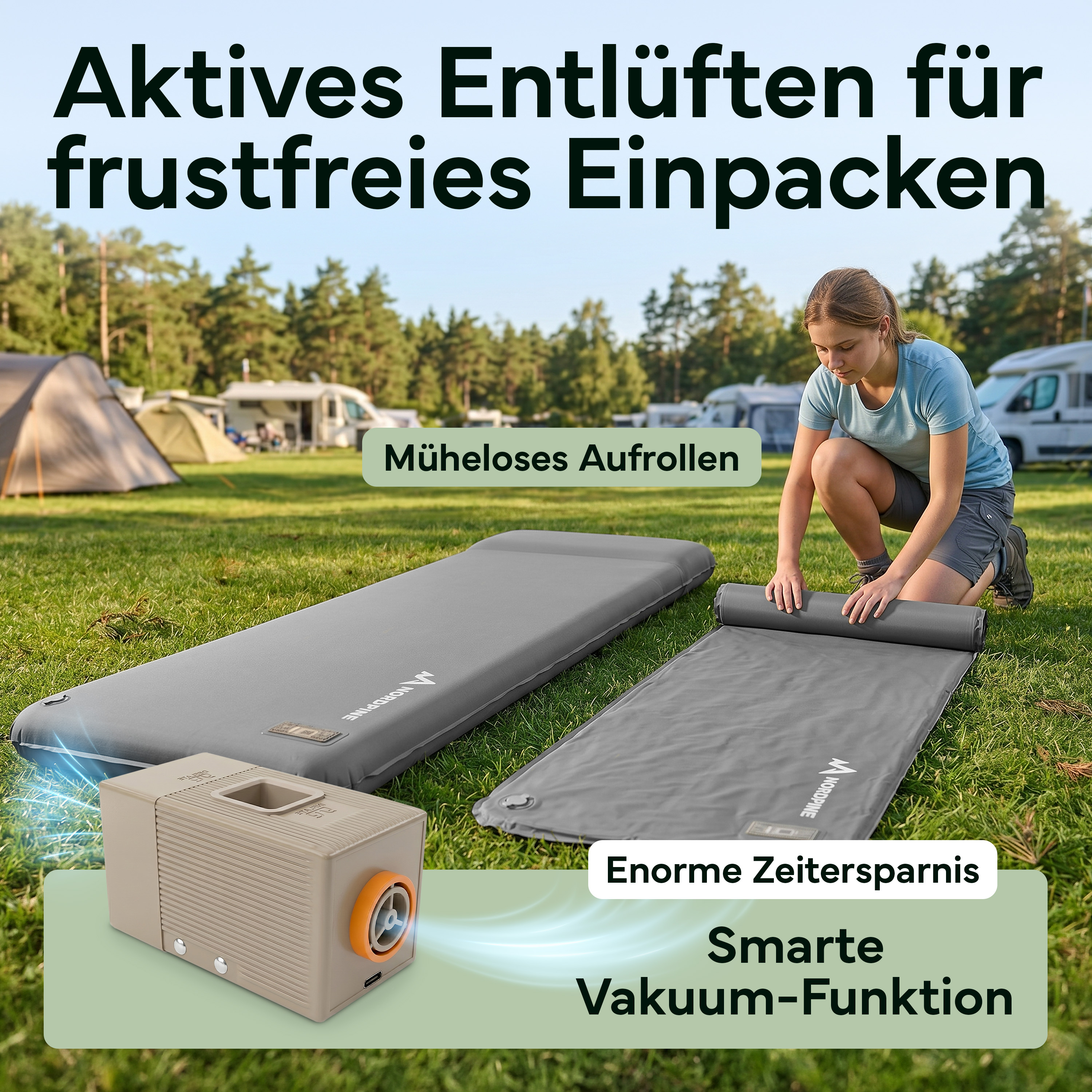 Eine Frau rollt eine Isomatte auf einem Campingplatz ein, neben einem Vakuumierer.