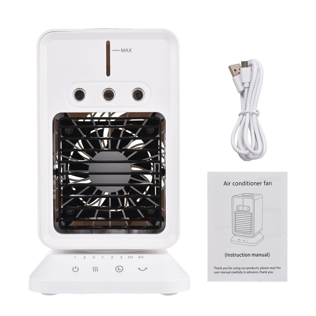 Ein weier Mini-Luftköhler mit USB-Kabel und Anleitung.