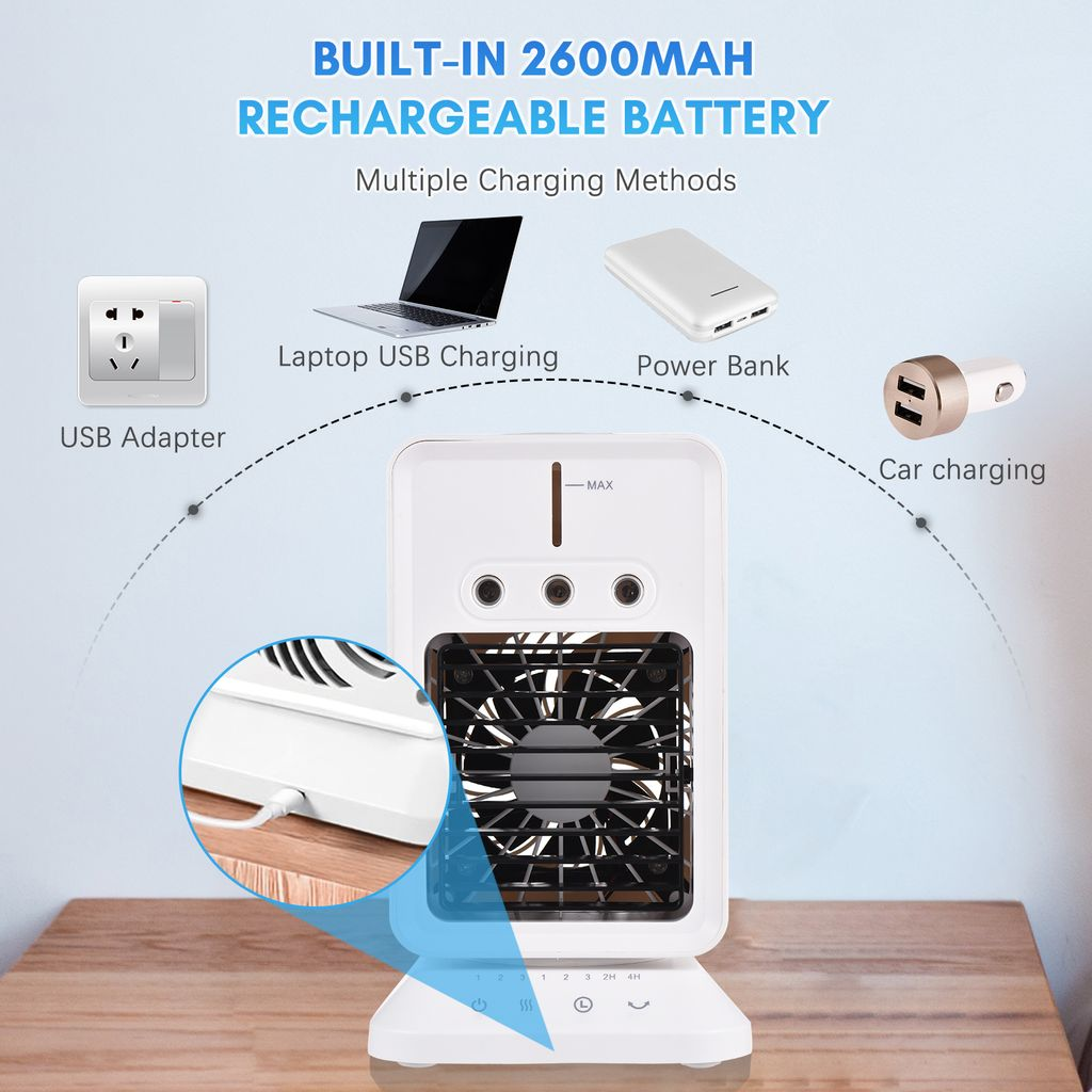 Ein weißer Lüfter mit eingebauter Batterie und verschiedenen Lademethoden.