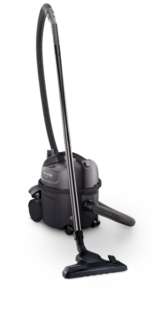 A gray Nilfisk vacuum cleaner with hose and floor nozzle on a white background.