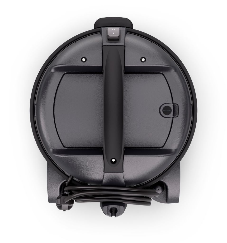 Black vacuum cleaner seen from above, with handle, switch, and cord.
