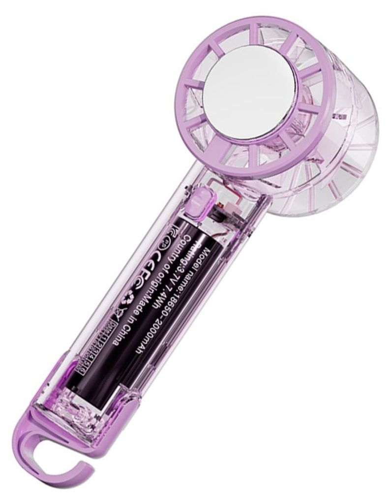 Ein tragbarer violetter und klarer Ventilator mit sichtbarer Batterie im Griff.
