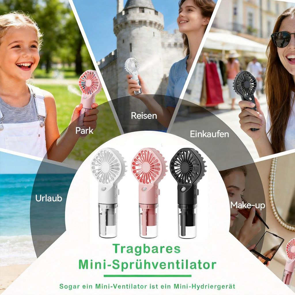 Collage zeigt Mini-Sprühventilatoren im Einsatz bei Park, Reisen, Einkaufen und Make-up.