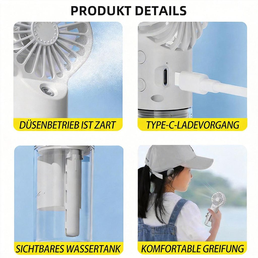 Produktübersicht: Lüfterdüse, Typ-C-Laden, Wassertank, Mädchen mit Lüfter.