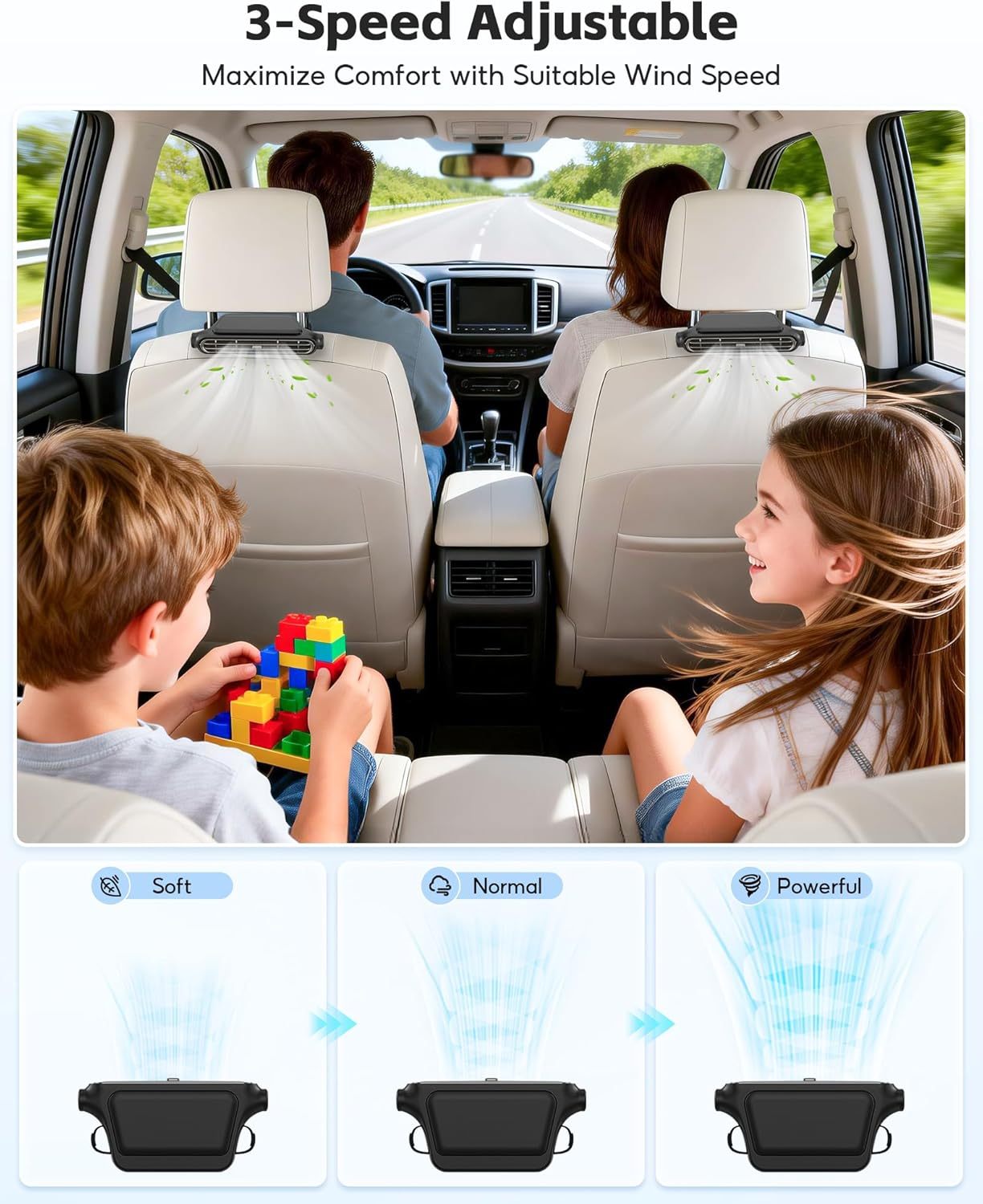 Familie im Auto mit einstellbarem Lüfter: sanft, normal, stark.