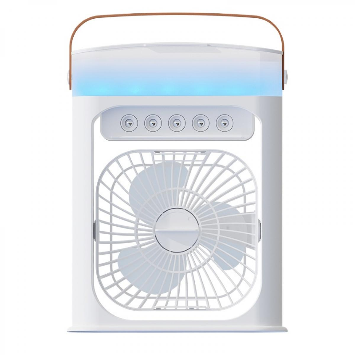 Ein weißer tragbarer Ventilator mit blauer Beleuchtung oben und Knöpfen.