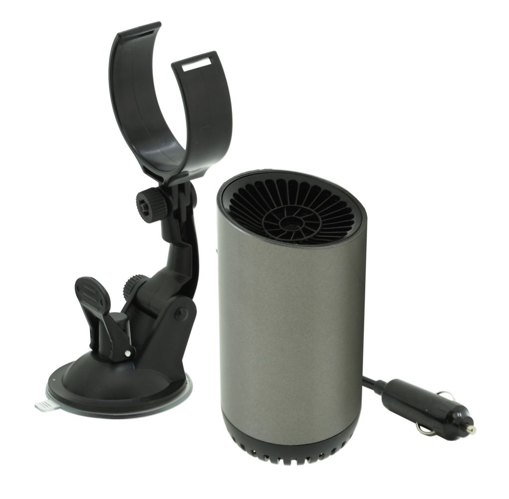 Grauer Autoheizlüfter mit Lüftergitter, Halterung mit Saugnapf und Zigarettenanzünderstecker.