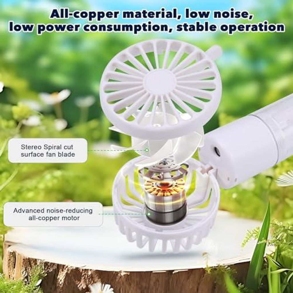 Ein weißer Ventilator mit offenem Motor und Spiral-Lüfterblättern auf einem Baumstumpf.