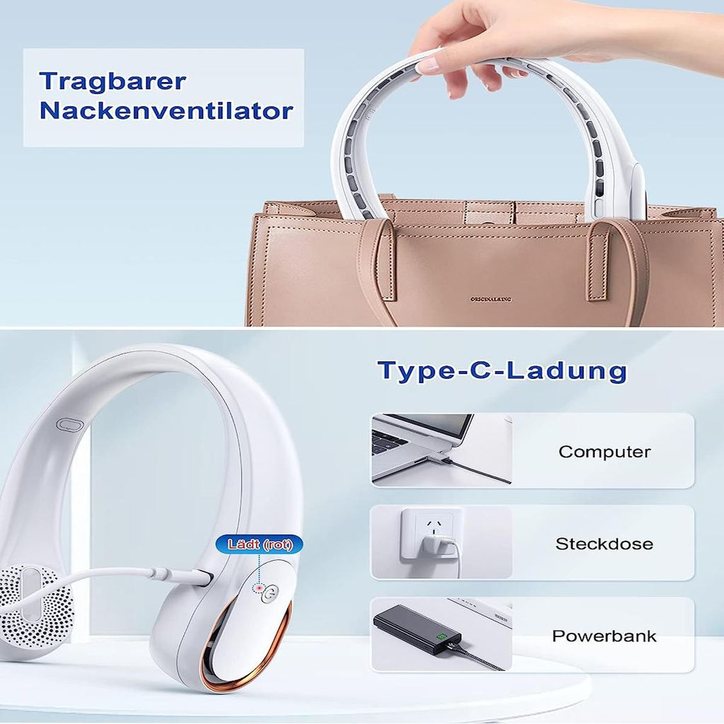Ein weißer Nackenventilator wird in eine Tasche gesteckt. Unten wird er mit einem USB-Kabel geladen.