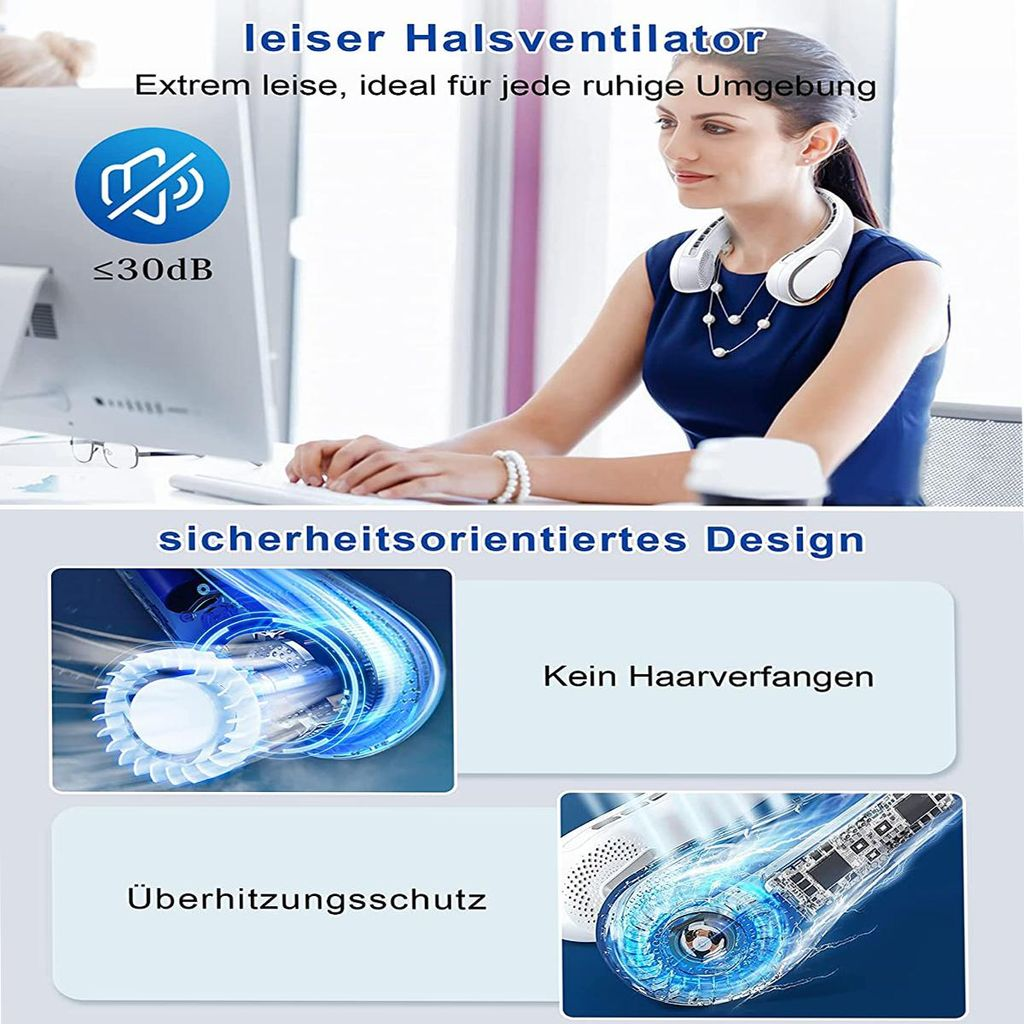 Leiser Halsventilator, <lt/>30dB, sicherheitsorientiertes Design.