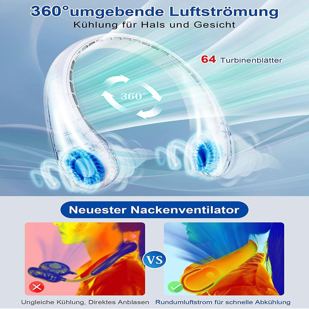 Halsventilator mit 360° Luftstrom und 64 Turbinenblättern.