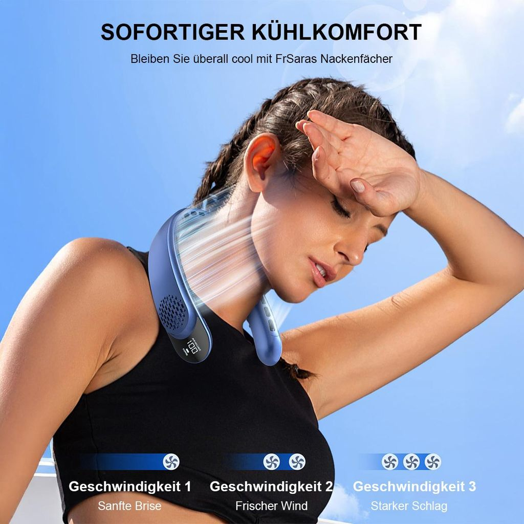 Frau mit blauem Nackenventilator, der kühlen Wind auf ihr Gesicht bläst.
