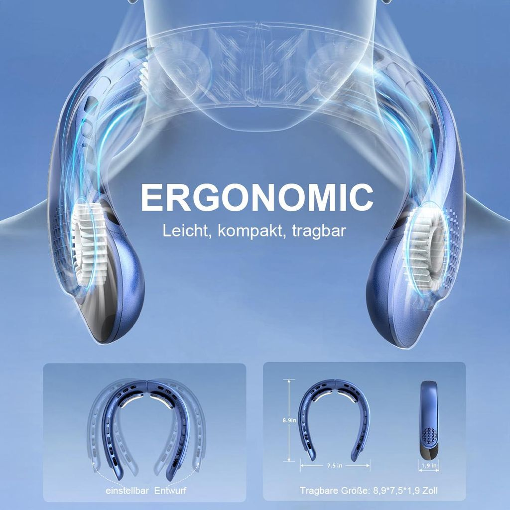 Ein blauer Nackenventilator mit ergonomischem Design, beleuchtet.