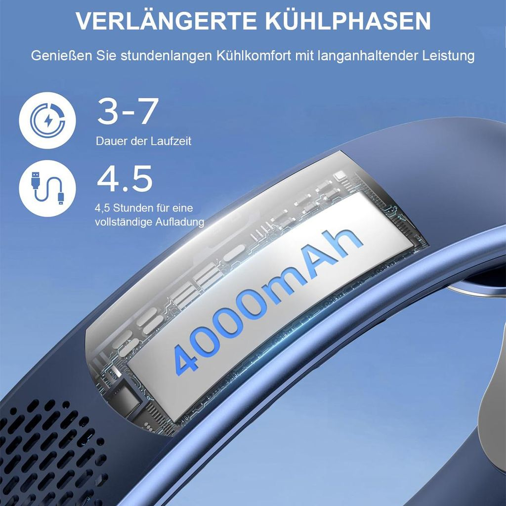 Blauer Lüfter mit 4000mAh Akku, 3-7 Std Laufzeit, 4,5 Std Ladezeit.