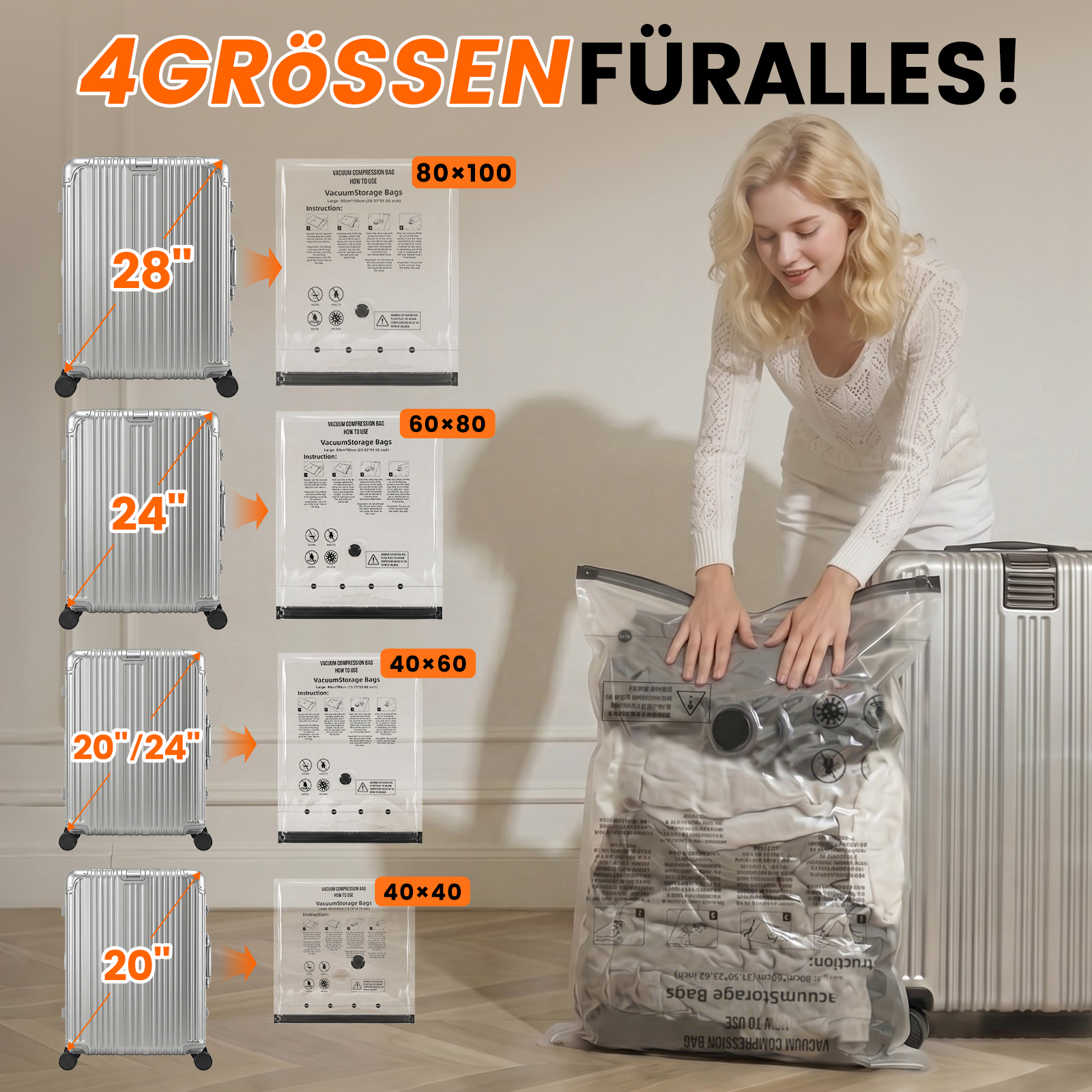 Eine Frau komprimiert Kleidung in einem Vakuumbeutel neben Koffern in verschiedenen Größen.