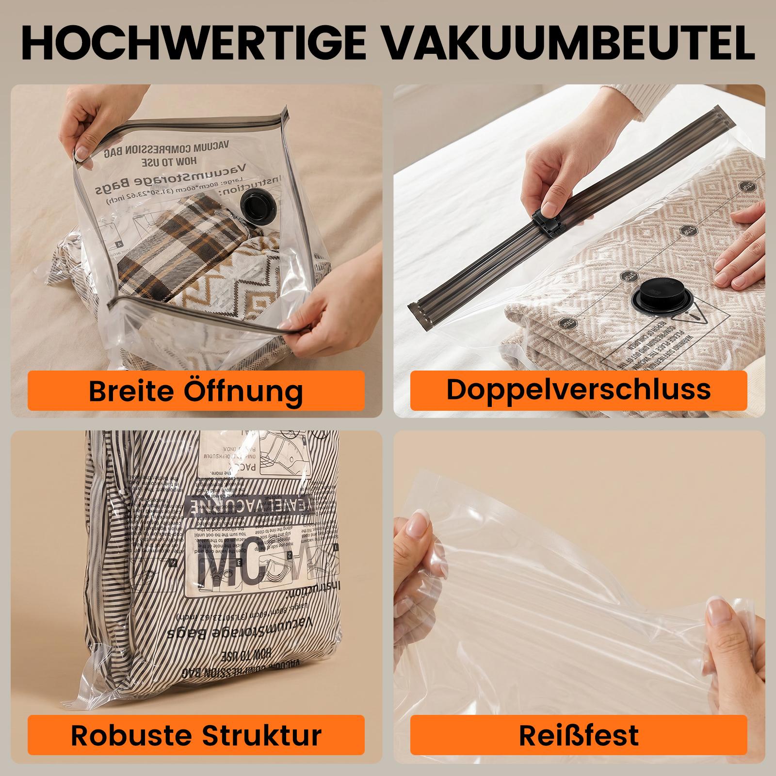 Vier Bilder zeigen Vakuumbeutel: Öffnung, Verschluss, Struktur und Reißfestigkeit.