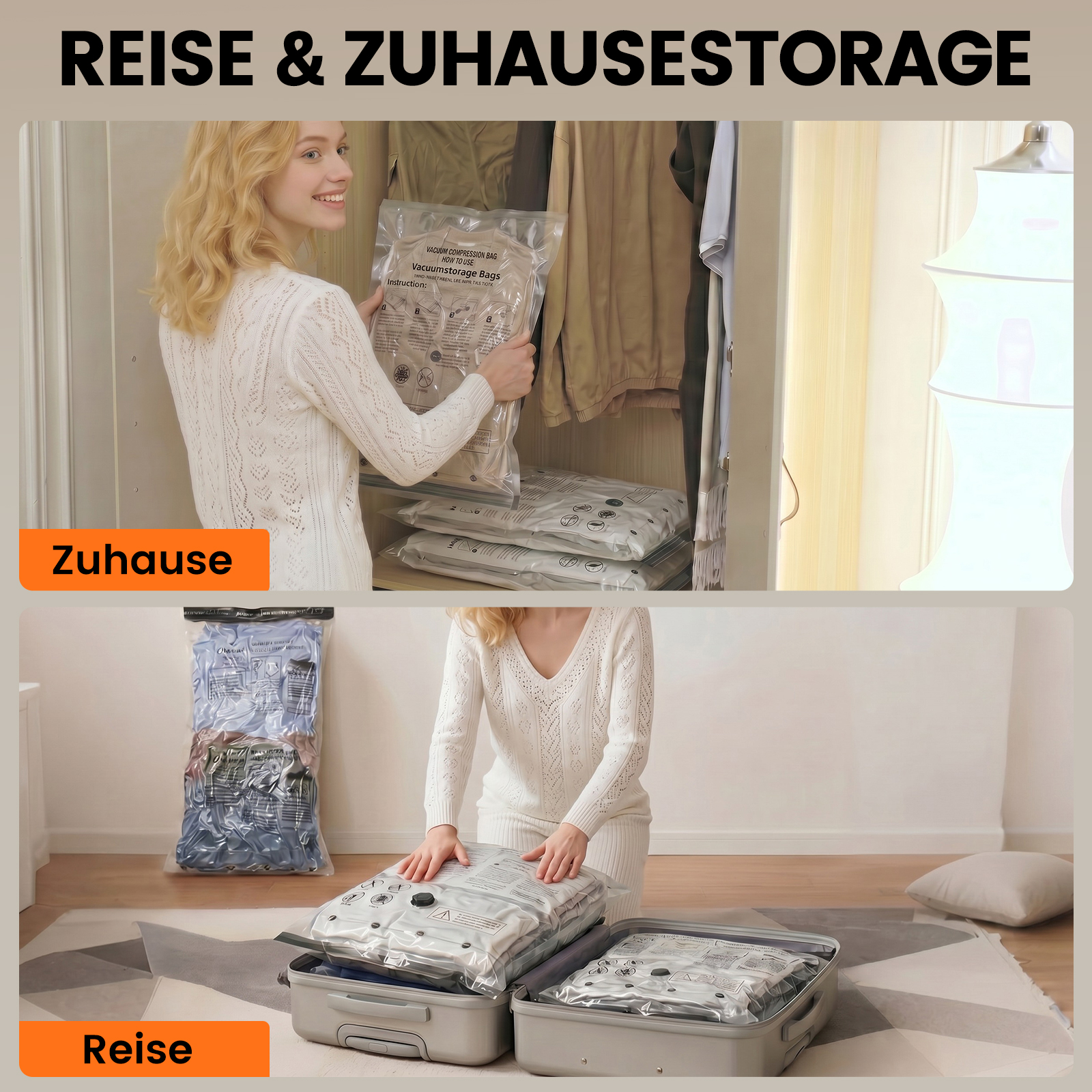 Frau packt Kleidung in Vakuumbeutel für Zuhause und Reise.