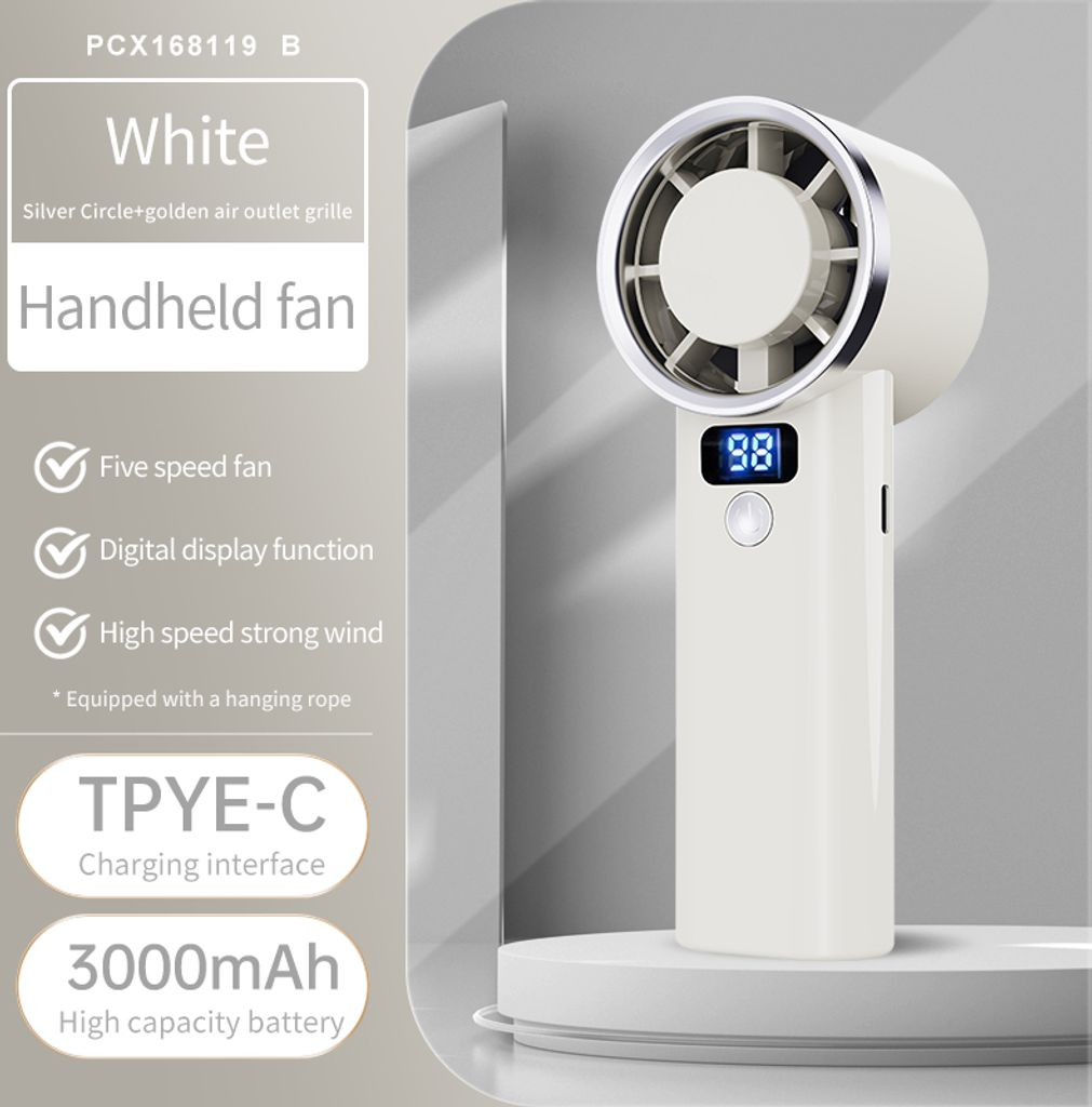 Ein weißer Handventilator mit digitaler Anzeige, Typ-C-Anschluss und 3000-mAh-Akku.