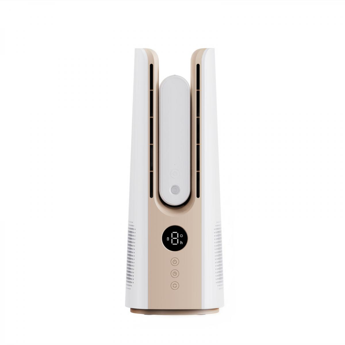 Ein weißer und beiger Turmventilator mit Digitalanzeige, die '8' zeigt, und Bedientasten.