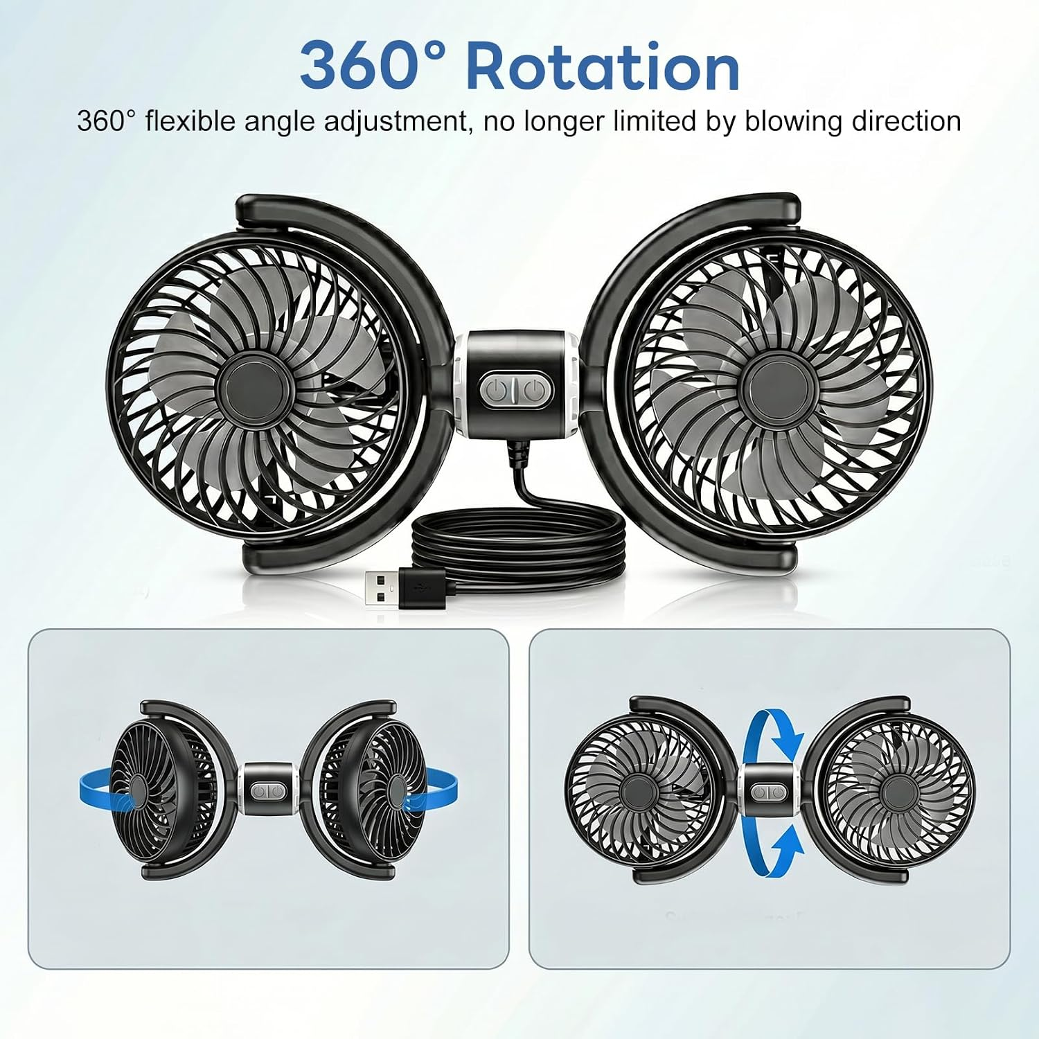 Ein schwarzer USB-Doppelventilator mit 360°-Rotation und flexibler Winkelverstellung.