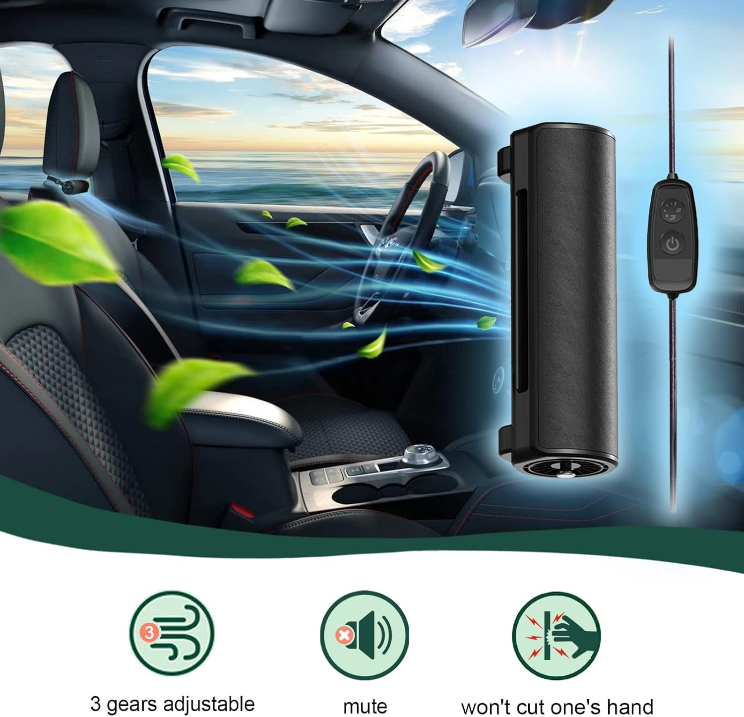 Ein schwarzer Auto-Lufterfrischer mit Bedienelementen, der im Innenraum eines Autos platziert ist.