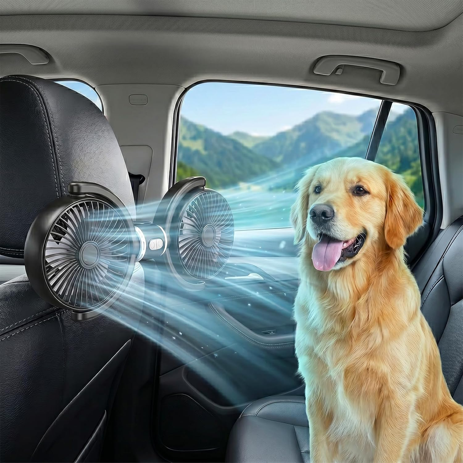 Golden Retriever sitzt im Auto neben zwei Lüftern, die Luft auf ihn blasen.
