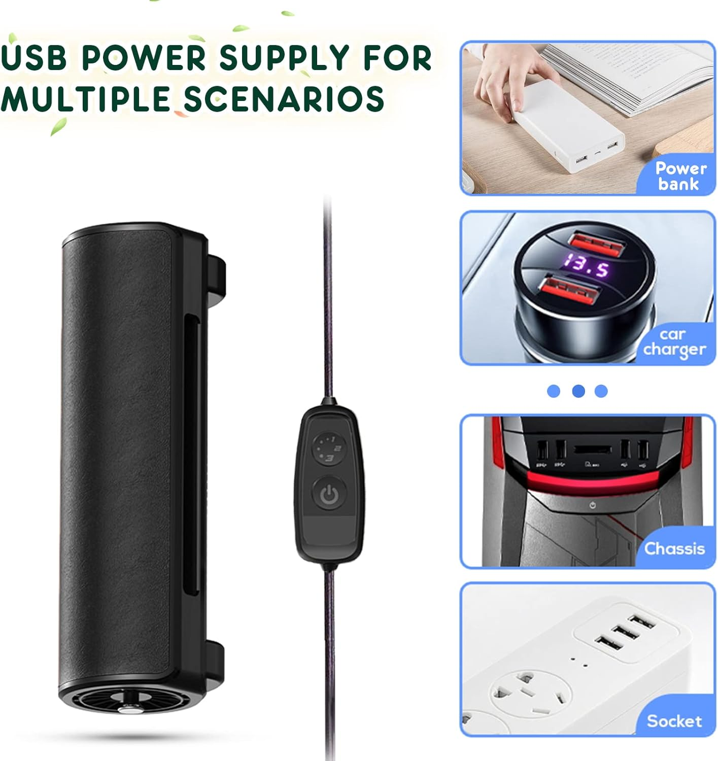 Ein schwarzes USB-Gerät mit Schalter und Beispielen für Stromversorgungsszenarien.