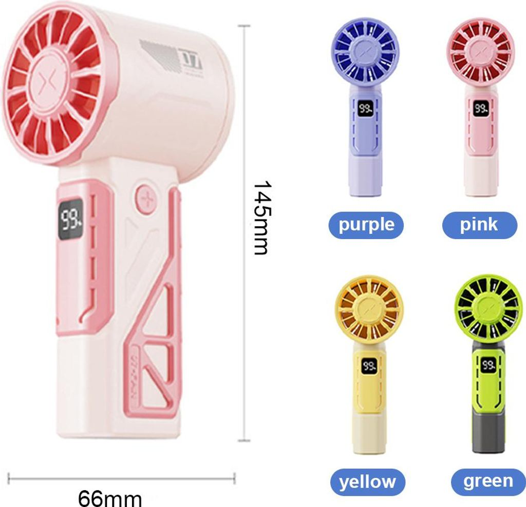 Ein rosa Handventilator mit LCD-Anzeige und vier weiteren farbigen Lüftern daneben.