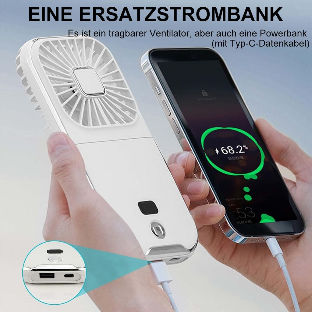 Ein weißer tragbarer Lüfter wird verwendet, um ein Smartphone aufzuladen.