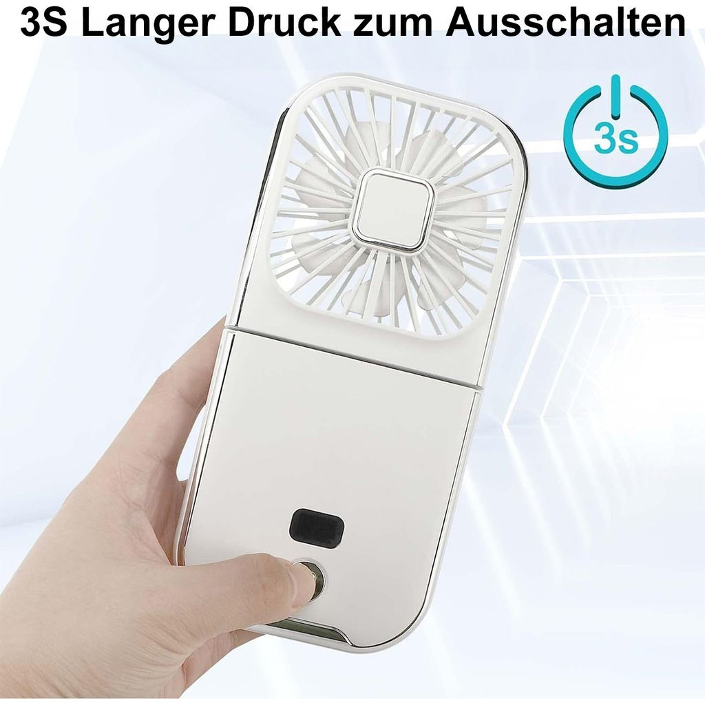 Eine Hand hält einen weißen, faltbaren Ventilator mit einem 3s-Symbol daneben.