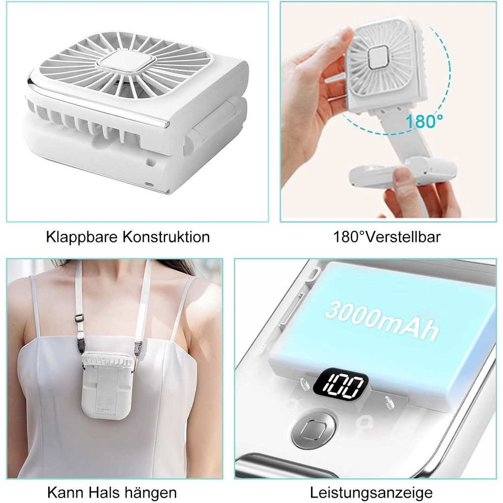 Ein weißer faltbarer Ventilator, der um 180° verstellt werden kann und am Hals getragen wird.