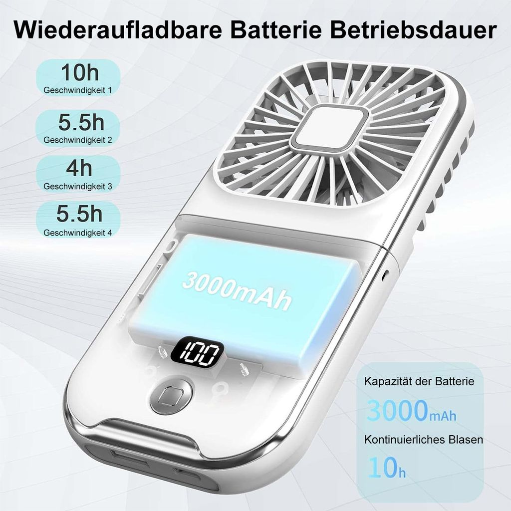 Weißer Handventilator mit 3000mAh Akku und Ladeanzeige.