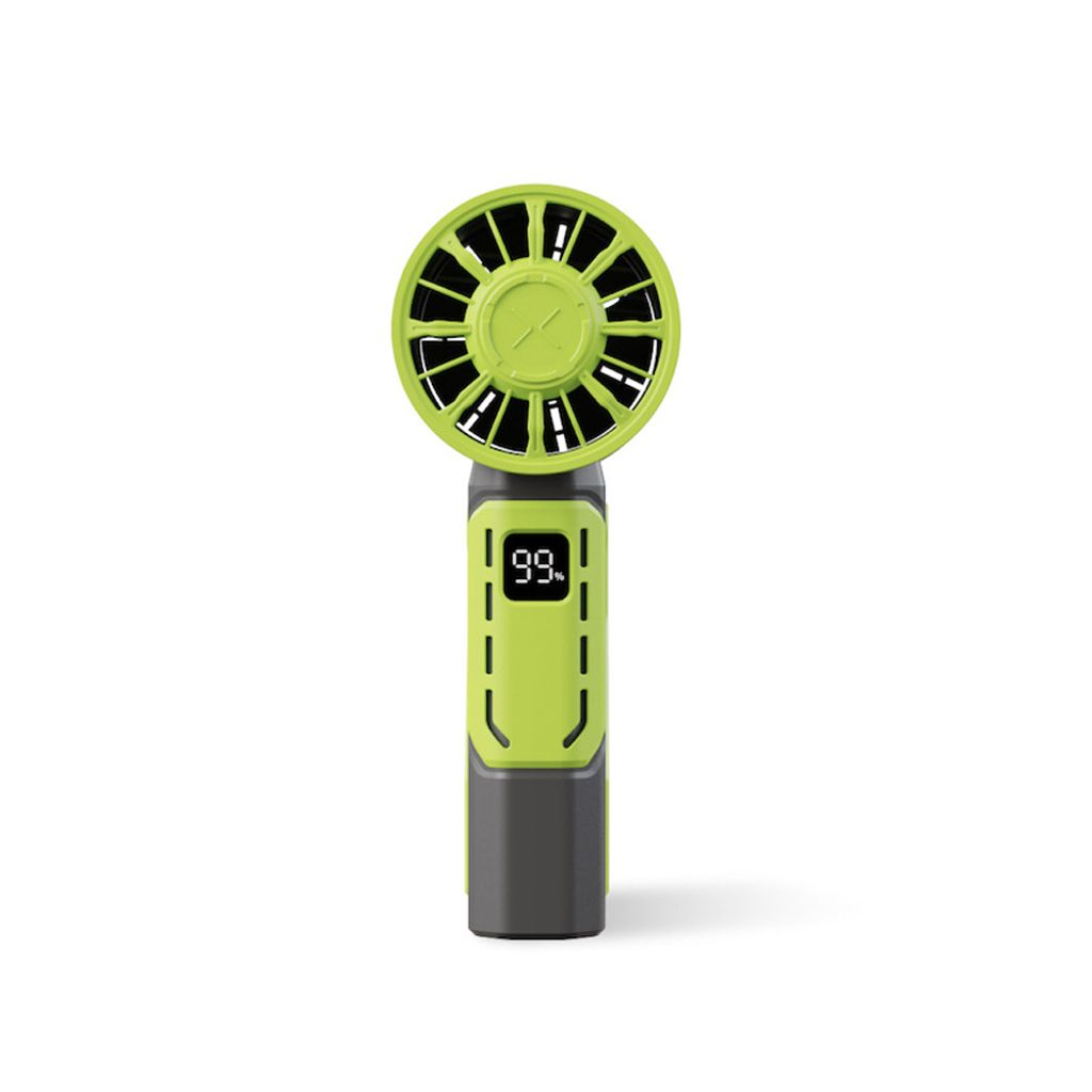 Ein tragbarer Ventilator in Grün und Grau mit einem Display, das 99% anzeigt.