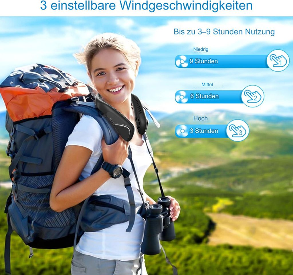 Frau mit Rucksack und Nackenventilator, lächelnd, grüne Landschaft.