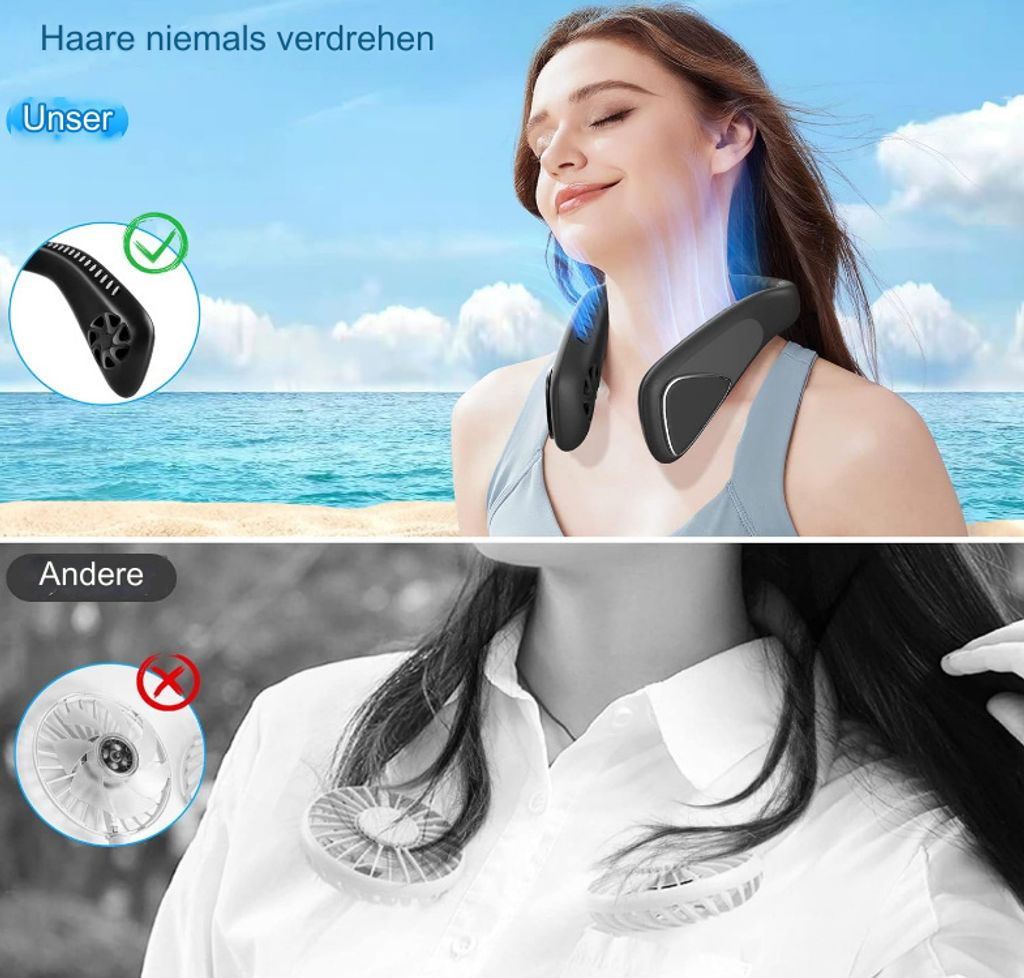 Frau mit Halsventilator am Strand, Haare werden nicht eingezogen.