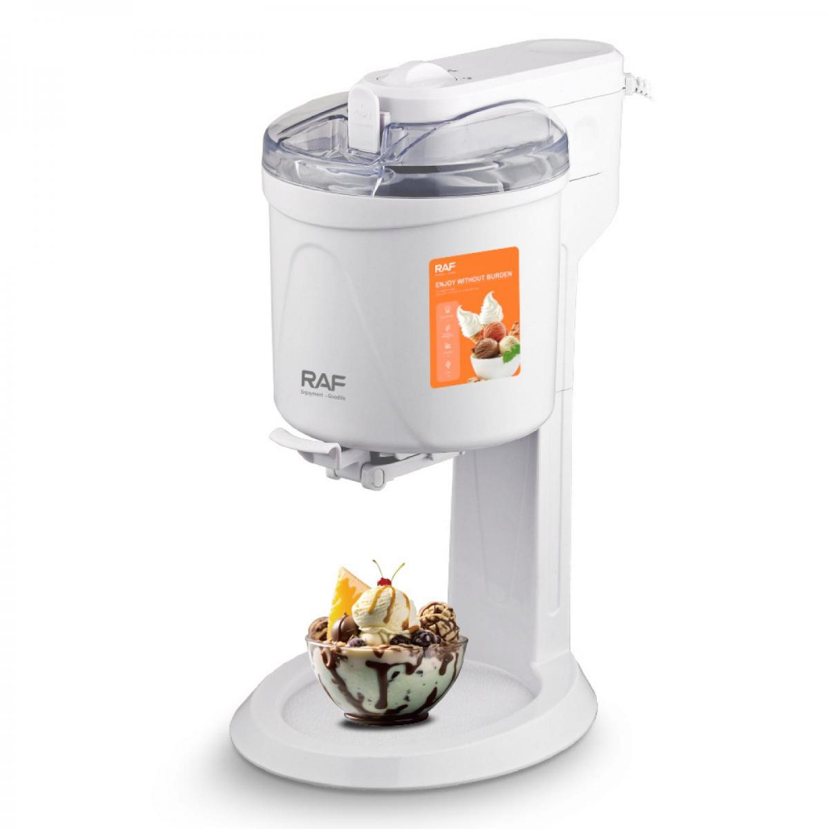 Eine weiße Eismaschine mit einer Schüssel Eiscreme mit Toppings.